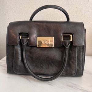 Michael Kors Black Leather Satchel Handbag Gold Hardware Turn Lock